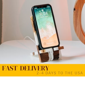 SMART – PORTA TELEFONO in legno e resina bianca per scrivania. Supporto in legno per mini iPhone e cellulare Android. Decorazione da ufficio unica per la scrivania delle donne.