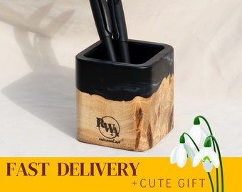 Wooden office desk accessories. Black Epoxy & Wood Pen Holder Cup. Handmade gifts for employees, boss, teacher, doctor