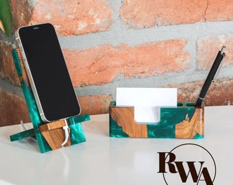 SMART – Emerald resin and wood Desk Organizer Set, Phone stand, Pen & Sticky Note Holder, Business card holder. Employee christmas gifts