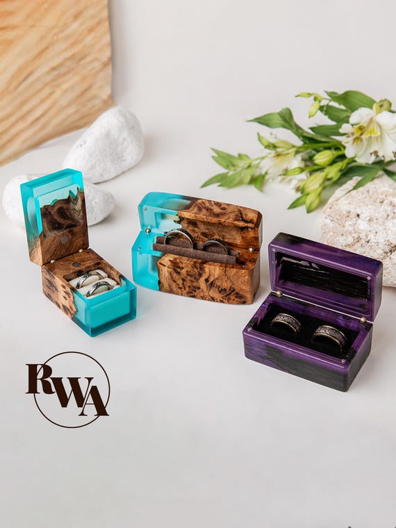 Engraved Double Ring Case for Ceremony. Resin & Wood Wedding Ring Box with 2 slots as engaged couple gifts