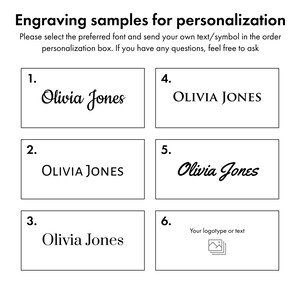 May include: Six different font styles for engraving text on a product. The text examples are "Olivia Jones" and "Your logotype or text".