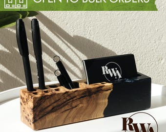 ELEMENT – Black Resin & Wood Teacher Name Plate as corporate gifts. Custom Desk Organizer professional gifts, unique principal gifts