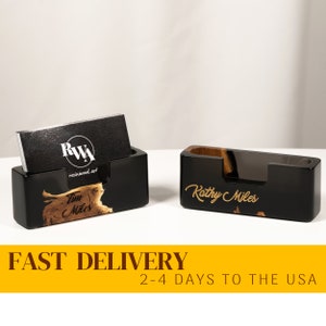 SMART – Logo business CARD HOLDER personalized. Black Resin & Wood Cards Stand for Office desk. Luxury Company Card Display