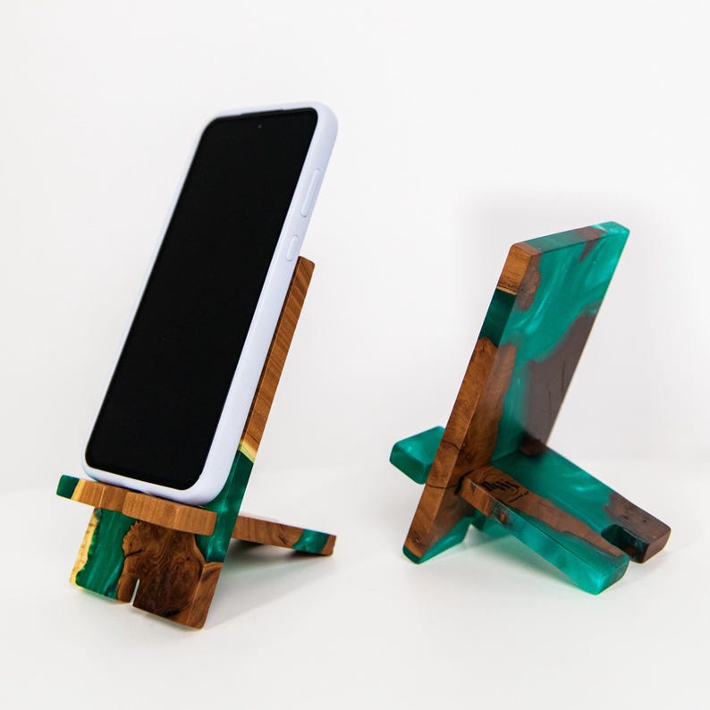 SMART – Engraved Epoxy & Wood Phone Holder as desk decor. Custom phone stand for desk coworker gift ideas image 4