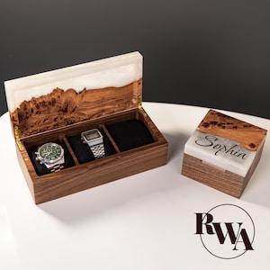 TEMPO – Wood Watch Display Case with Epoxy anniversary gift for her. Custom 3 watch box as romantic gift for wife image 1