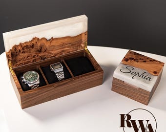 TEMPO – Wood Watch Display Case with Epoxy anniversary gift for her. Custom 3 watch box as romantic gift for wife