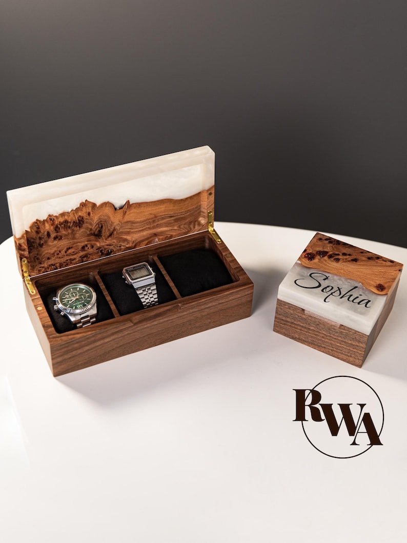 TEMPO – Wood Watch Display Case with Epoxy anniversary gift for her. Custom 3 watch box as romantic gift for wife image 1