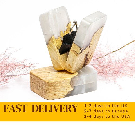 FLIP Pearl Epoxy Light Wood Engagement Ring Box. Romantic Slim