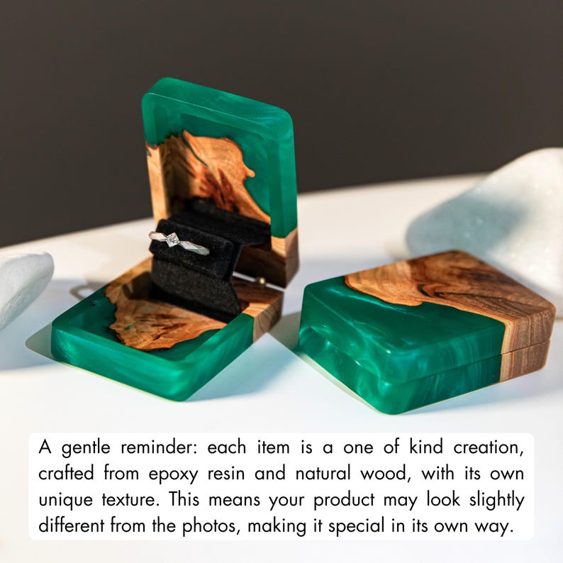 FLIP – Proposal Green Ring Box Epoxy & Wood. Custom Slim Engagement ring box as sentimental gift for her image 3
