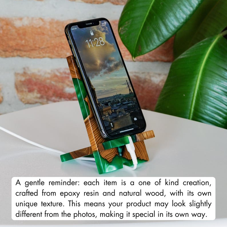 SMART – Engraved Epoxy & Wood Phone Holder as desk decor. Custom phone stand for desk coworker gift ideas image 3
