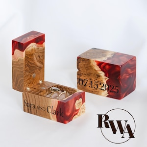CHORD – Caixa de alianças dupla personalizada para cerimônia, feita de madeira e resina epóxi vermelha. Estojo de alianças personalizado feito à mão.