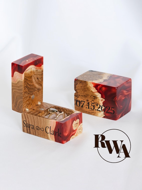 CHORD – Custom Double Ring Box for Wedding Ceremony made from wood & red epoxy. Handmade personalized ring case as couple Christmas gift