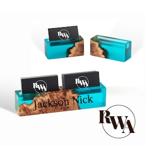 ELEMENT - Aqua Blue Epoxy & Wood Business Card Holder. Custom Desk Organizer as gifts for lawyers. Desk Name Plate with Card Display