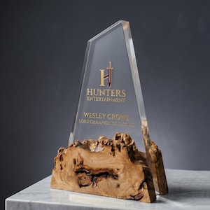 May include: A clear acrylic award with a wooden base. The award features the text "Hunters Entertainment" and "Wesley Crowe, Lord Champion of Success" in gold lettering. The base is a natural wood with a unique grain.
