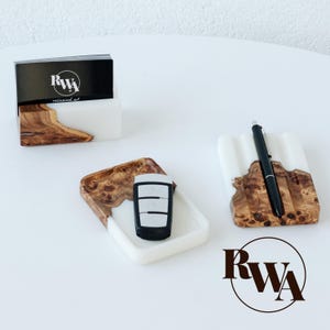 ELEMENT – white resin & wood desk organizer set: card holder, pen holder, trinket tray. Unique Handmade Gift, Employee Gifts