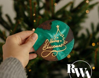 Handmade green ornaments with engraving. Personalized Christmas new home gift. Christmas tree ornaments