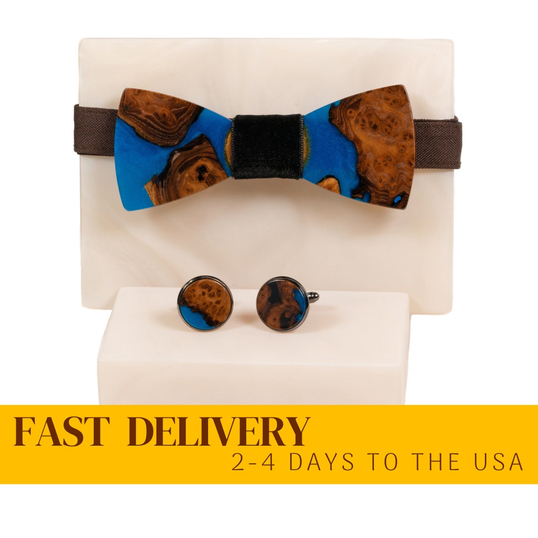 GALLANT Blue Resin & Wood Bowtie and Cufflinks Set. Wedding Etsy