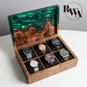 TEMPO – Engraved Watch Box with 6 Slots - Green Epoxy & Wood Case for Men - Perfect Anniversary Gift for husband