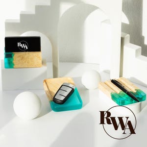 ELEMENT – Desk accessories organizer, Business card holder, Pen holder - Resin & Wood Office storage supplies. Corporate gifts for employees