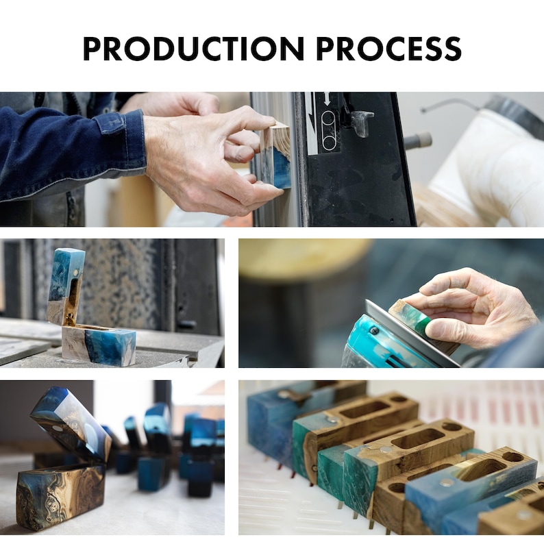 May include: The image shows the production process of wooden boxes with blue resin accents. The text "PRODUCTION PROCESS" is at the top. The process includes sanding, shaping, and assembling the boxes. The boxes are a mix of wood and blue resin.
