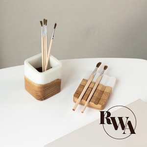 White Epoxy Resin & Wood Paint Brush Holder and Paint Brush Rest Set. Personalized Artist Gifts, Gift for Painter