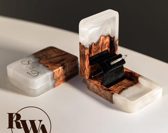 FLIP – Engraved Engagement Ring Box from Epoxy & Solid Wood. Slim ring box as anniversary Christmas gift idea