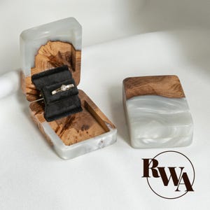 FLIP – Pearl epoxy & wood engagement ring box. Unique ring bearer box. Compact wooden proposal ring holder. Unique Romantic gifts