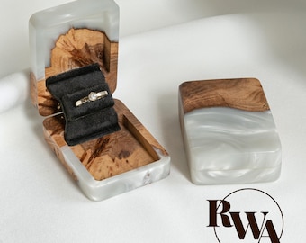 FLIP – Pearl epoxy & wood engagement ring box. Unique ring bearer box. Compact wooden proposal ring holder. Unique Romantic gifts