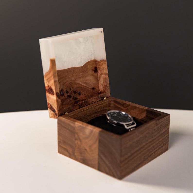 TEMPO – Wood Watch Display Case with Epoxy anniversary gift for her. Custom 3 watch box as romantic gift for wife image 4