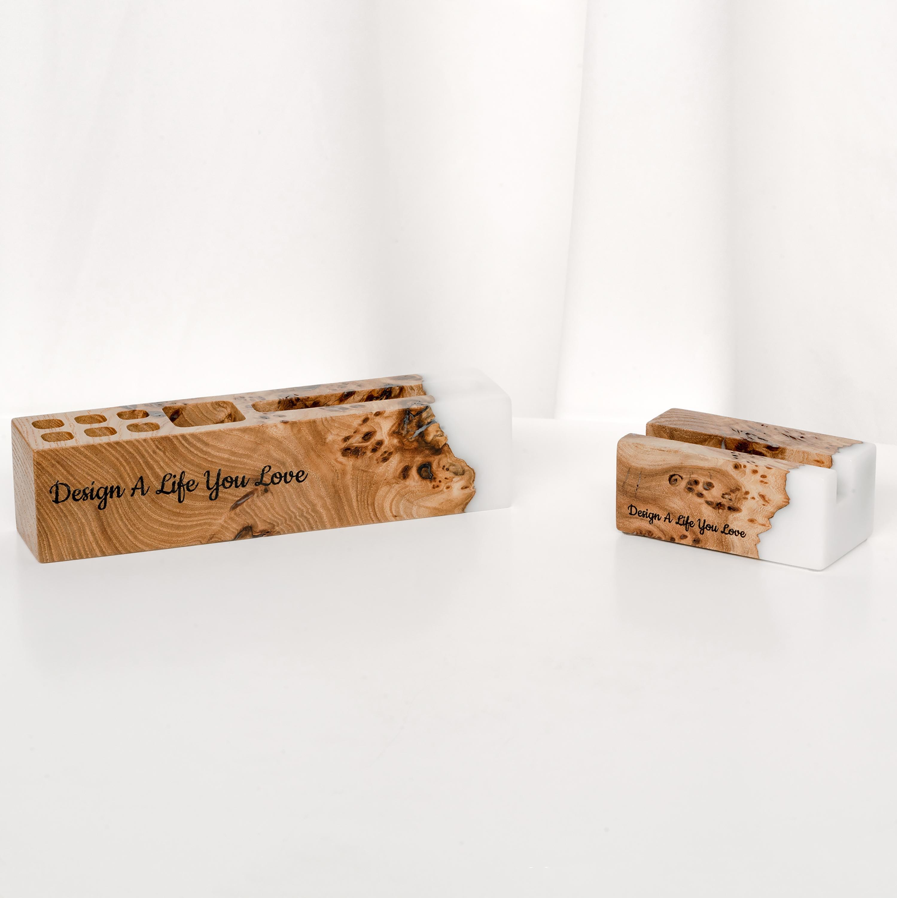 小物 HUMAN MADE TABLE TOP 2PCS SET ELEMENT – Black Resin & Wood Desk Organizer Set: Business