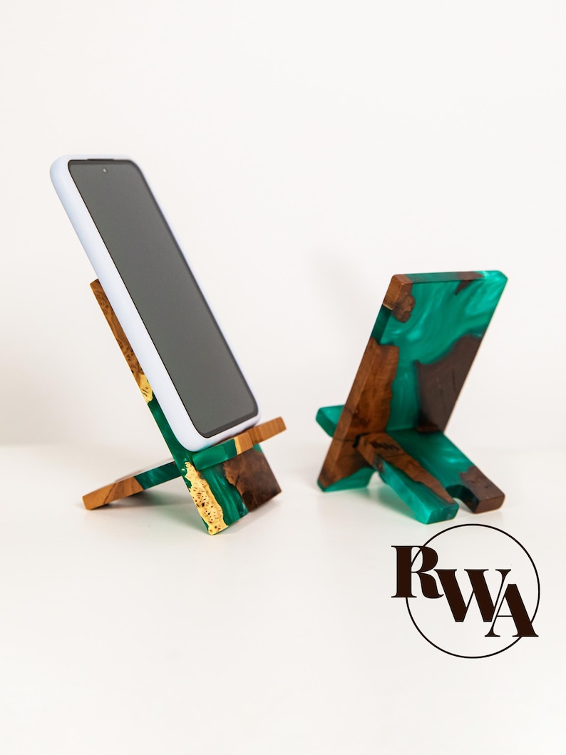 SMART – Engraved Epoxy & Wood Phone Holder as desk decor. Custom phone stand for desk coworker gift ideas image 1