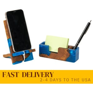 SMART – resina blu e legno, Supporto per telefono, Portapenne e note, Porta biglietti da visita. Regalo unico per fidanzato, fratello, uomo, amico