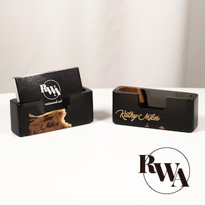 SMART – Logo business CARD HOLDER personalized. Black Resin & Wood Cards Stand for Office desk. Luxury custom logoed gift