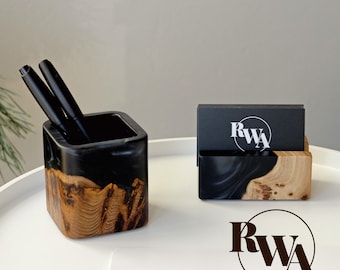 Wooden desk accessories for office. Resin and wood pen holder & business card holder. Office Gift for CEO, boss, manager, employees