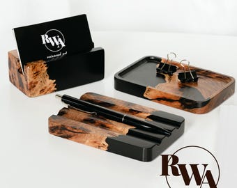ELEMENT – office desk accessories for men. Resin & wood desk organizer set: card holder, trinket tray, pen holder. Employee gifts
