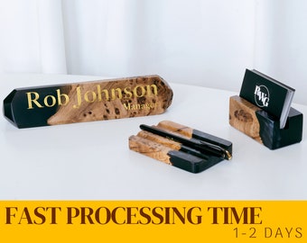 Personalized Desk Name Plate with card holder and pen dispenser. Black Resin & Wood Office Name Sign for teacher, lawyer, CEO, manager