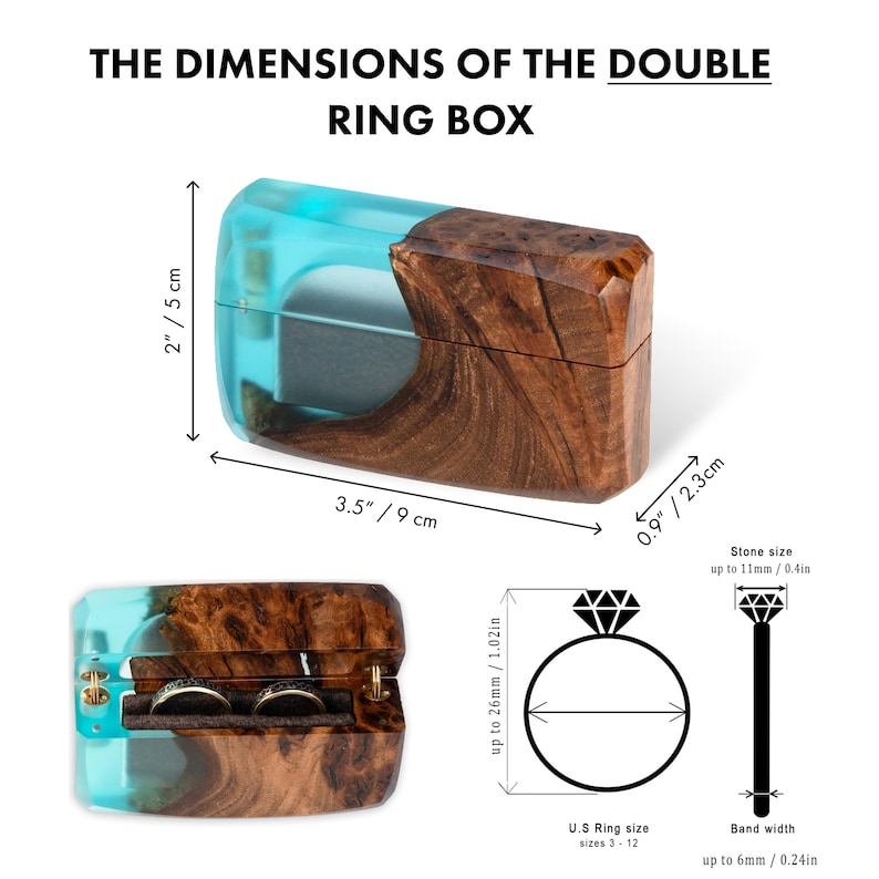 May include: A double ring box with dimensions displayed. The box is made of wood and blue resin, measuring 3.5 inches (9 cm) long, 2 inches (5 cm) high, and 0.9 inches (2.3 cm) wide. The text "THE DIMENSIONS OF THE DOUBLE RING BOX" is at the top.