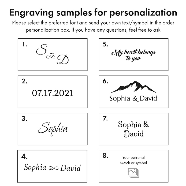 Op de afbeelding: Acht graveer voorbeelden voor personalisatie. De voorbeelden omvatten namen, datums, symbolen en een tijdelijke aanduiding voor een aangepaste schets of symbool.