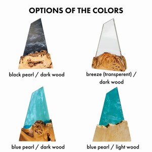May include: Image showcasing four decorative art pieces. Each piece features a wooden base and a clear or colored resin top. The text "OPTIONS OF THE COLORS" is at the top. The color options are black pearl, breeze, and blue pearl.