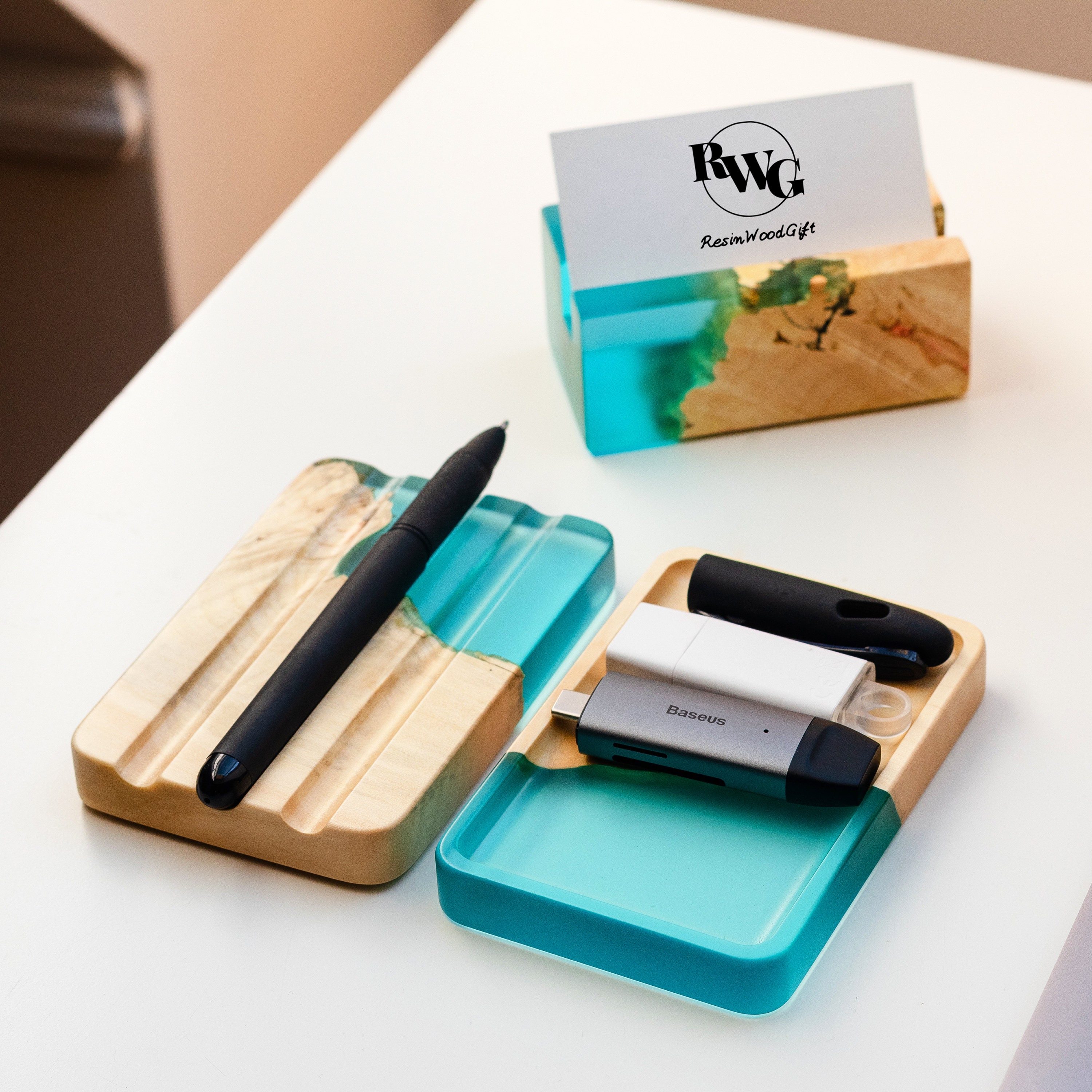 Resin & Wood Desk Accessories Organizer Set Business Card Etsy