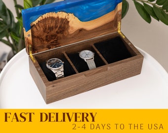 TEMPO – Mens Watch Box of Blue Epoxy & Wood. Unique father day gift from wife handmade