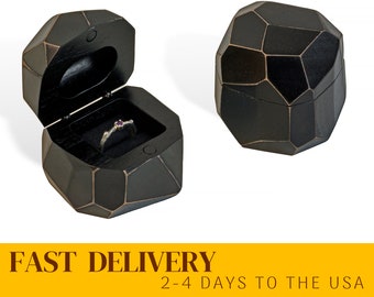 METEORITE – Black wood proposal ring box. Engagement ring box for special ceremony. Unique handmade gift for girlfriend