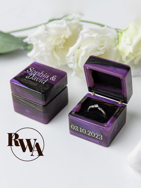 MUSE – Custom Engagement Ring Box from Epoxy & Wood. Purple ring display case as engraved sentimental gift