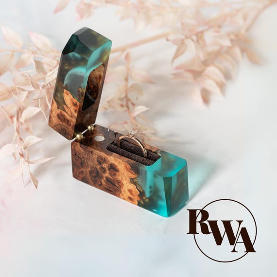 FLASH – Aquamarine Epoxy Resin and Wood Engagement Ring Unique  proposal ring box for her, personalized ring box