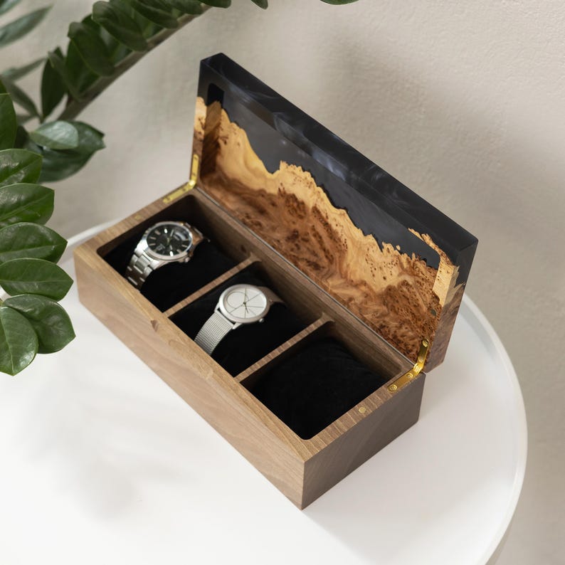 TEMPO – Wood Watch Display Case with Epoxy anniversary gift for her. Custom 3 watch box as romantic gift for wife image 13
