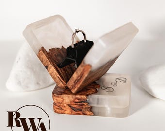FLIP – Epoxy & Wood Engagement Ring Box. Unique Slim Ring Case for Pocket. Unique anniversary gift for her