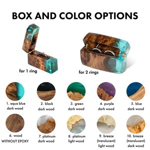 May include: Wooden ring boxes with epoxy resin accents in various colors, including aqua blue, black, green, purple, and blue. The boxes are available for one or two rings. The image also shows wood options without epoxy.