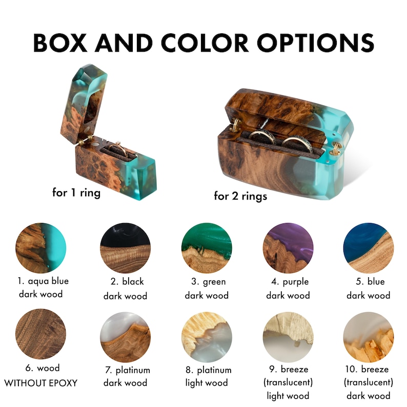 May include: Wooden ring boxes with epoxy resin accents in various colors, including aqua blue, black, green, purple, and blue. The boxes are available for one or two rings. The image also shows wood options without epoxy.
