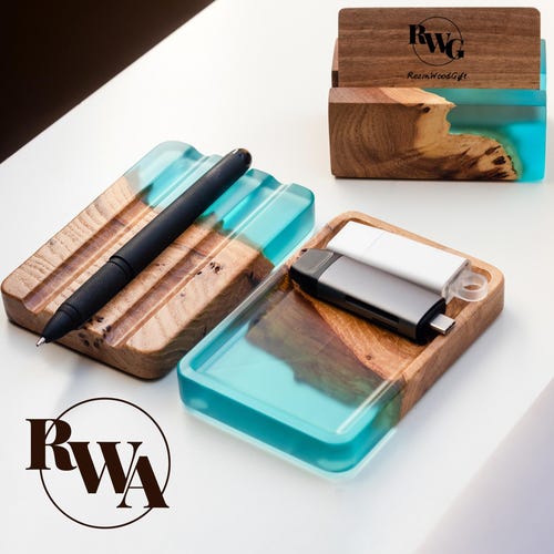 ELEMENT - Epoxy & Wood Desk Set for office organization. Desktop organizer as gift for principal or corporate gifts