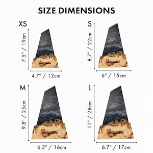 May include: The image displays four wooden art pieces with resin and wood. The sizes are XS (7.5"/19cm), S (8.7"/22cm), M (9.8"/25cm), and L (11"/28cm). The text "SIZE DIMENSIONS" is at the top. The art pieces have a dark blue resin top and a light brown wooden base.